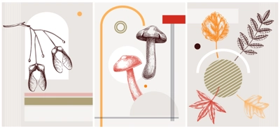 Collage style autumn vector illustration. Sketched leaves and dried flowers. Trendy fall design with botanical, geometric shapes, and abstract elements. For print, poster, card, social media